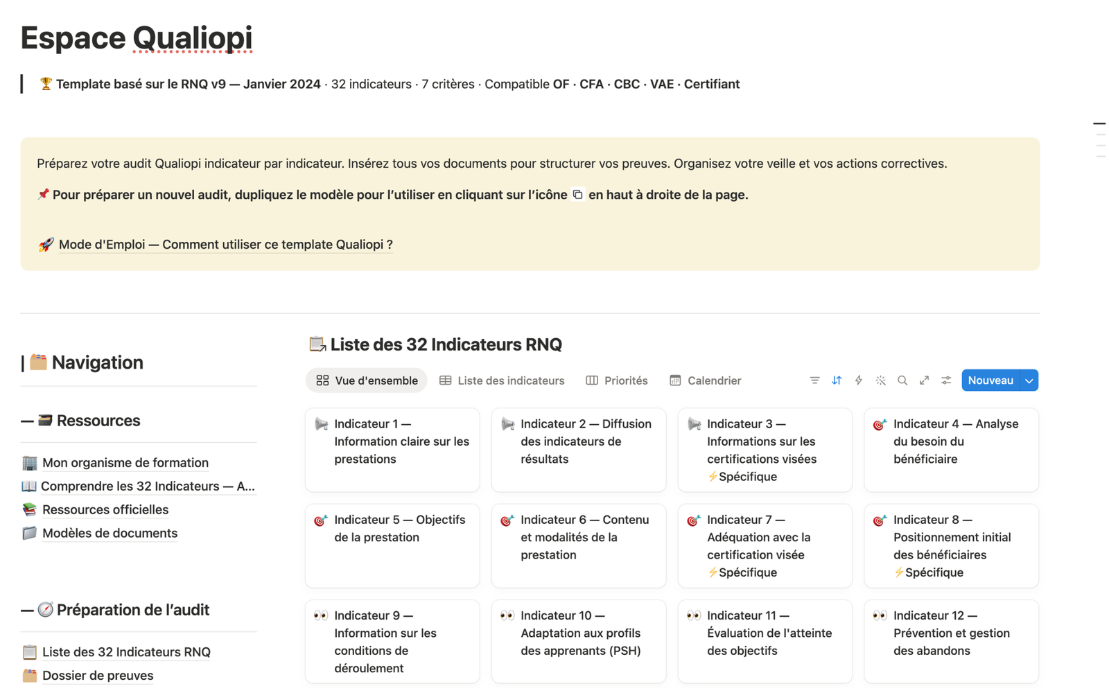 Espace Qualiopi — 32 indicateurs