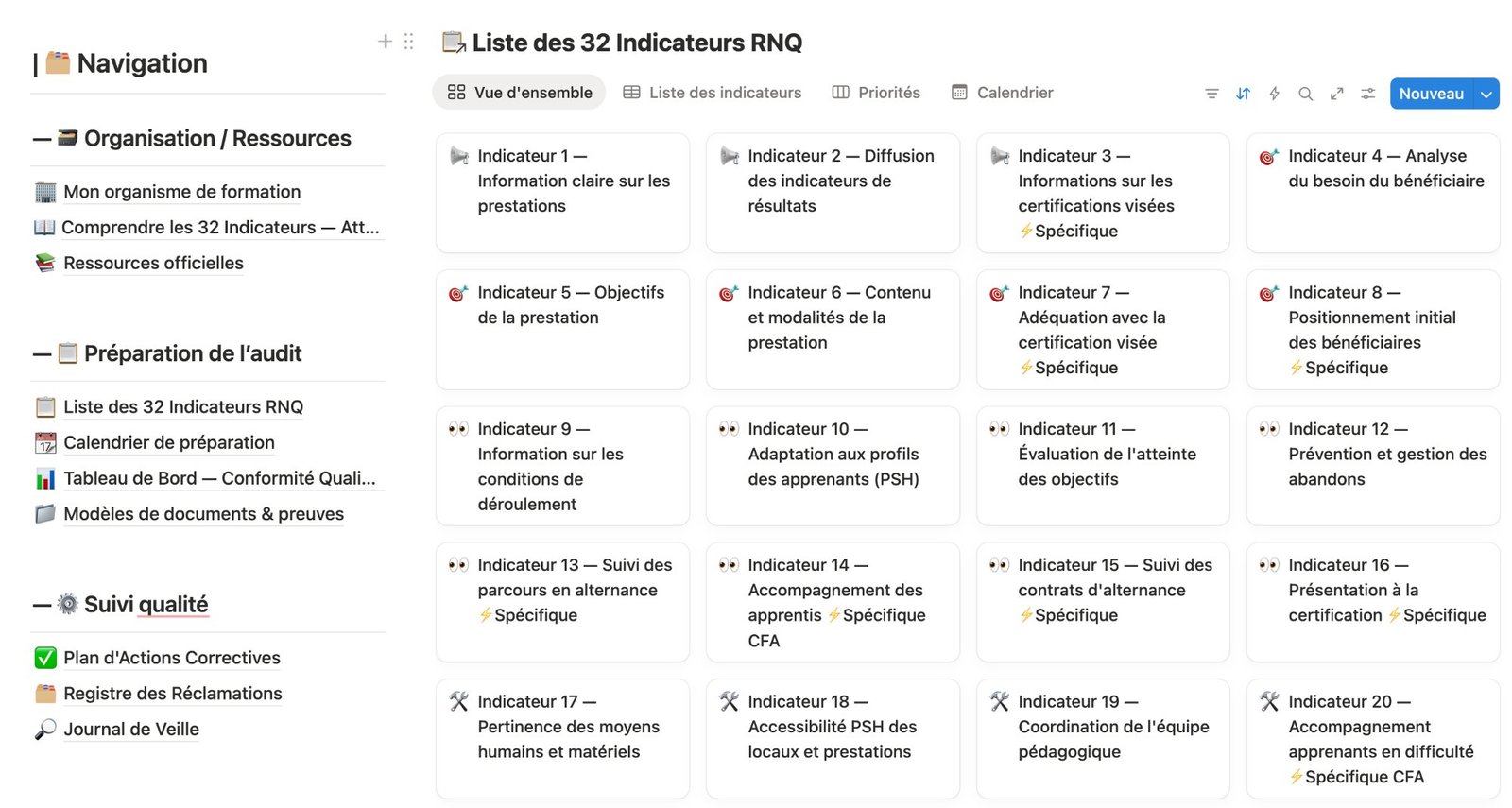 Page d'accueil avec navigation — Template Notion Qualiopi PRO